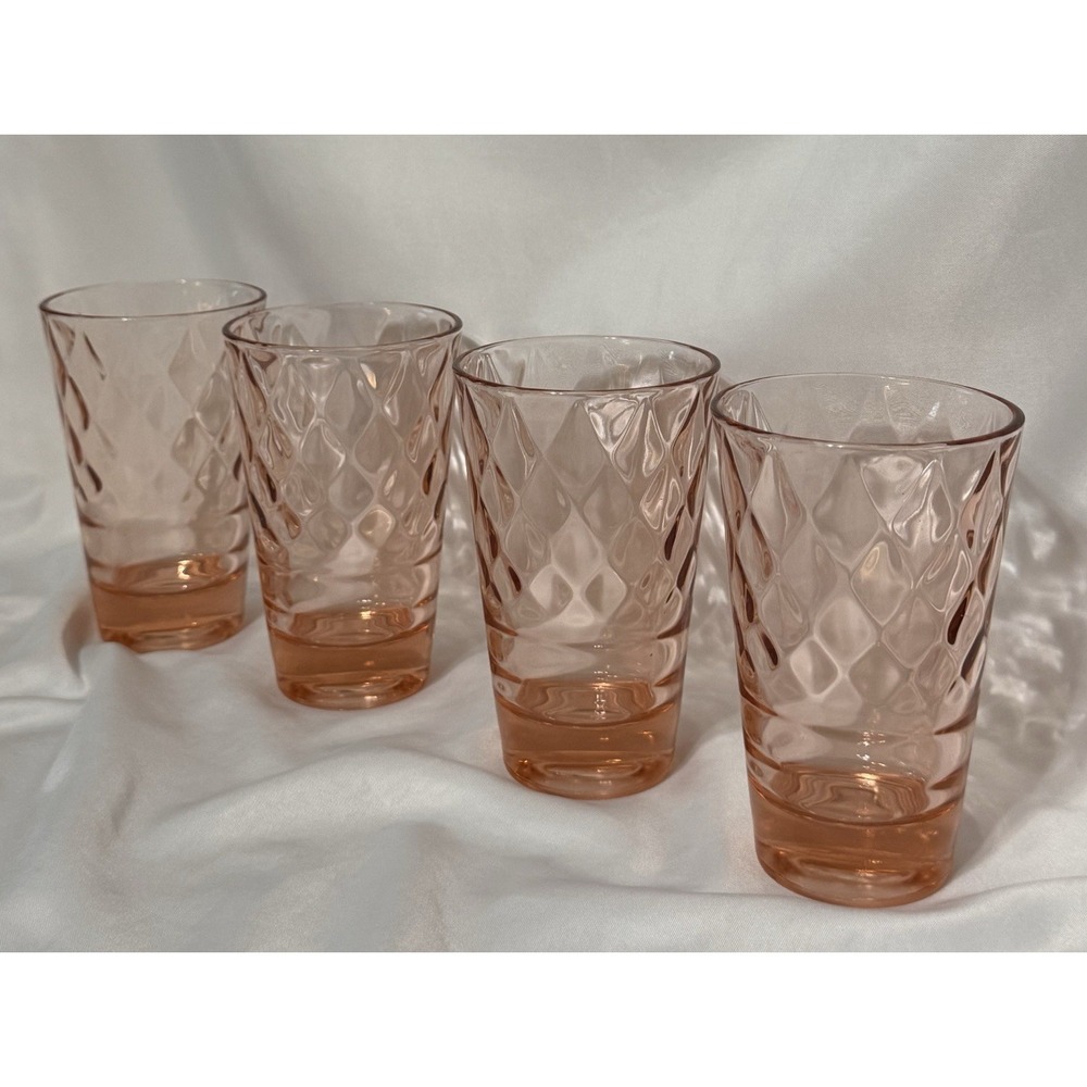 (4) 9oz Flat Tumblers by Jeanette Glass Chantilly Pink Diamond Optic Saturn Base